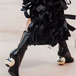 CHANEL 25K Pearl Ball Heel CC Logo Stretch Black Leather Mid Calf Boots 38.5 NIB